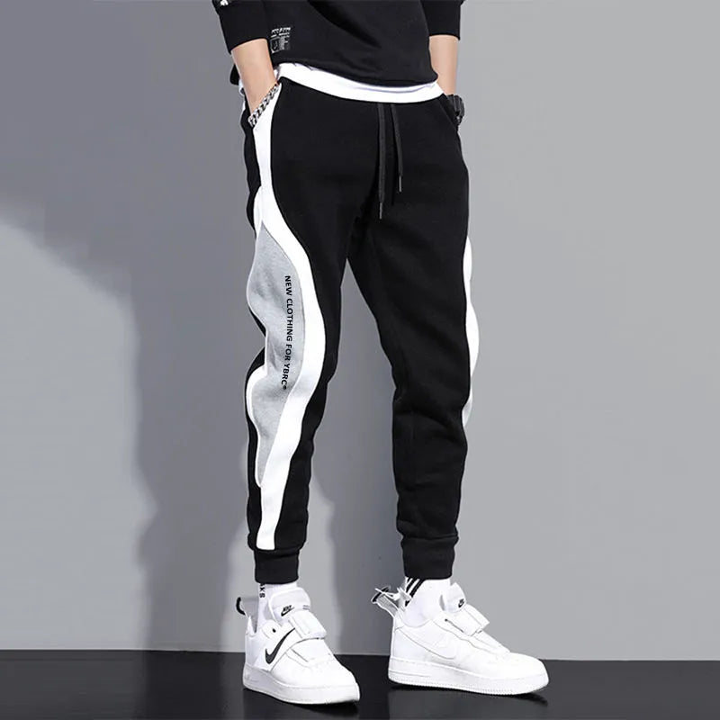 Autumn Men's Wide Loose Casual Pants - Patchwork Nine-Point Sports Trousers with Elastic Rope and Breathable Tie-Foot Design