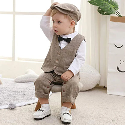 Newborn Boy Formal Outfit Set – Romper, Vest, Hat, and Bow Tie