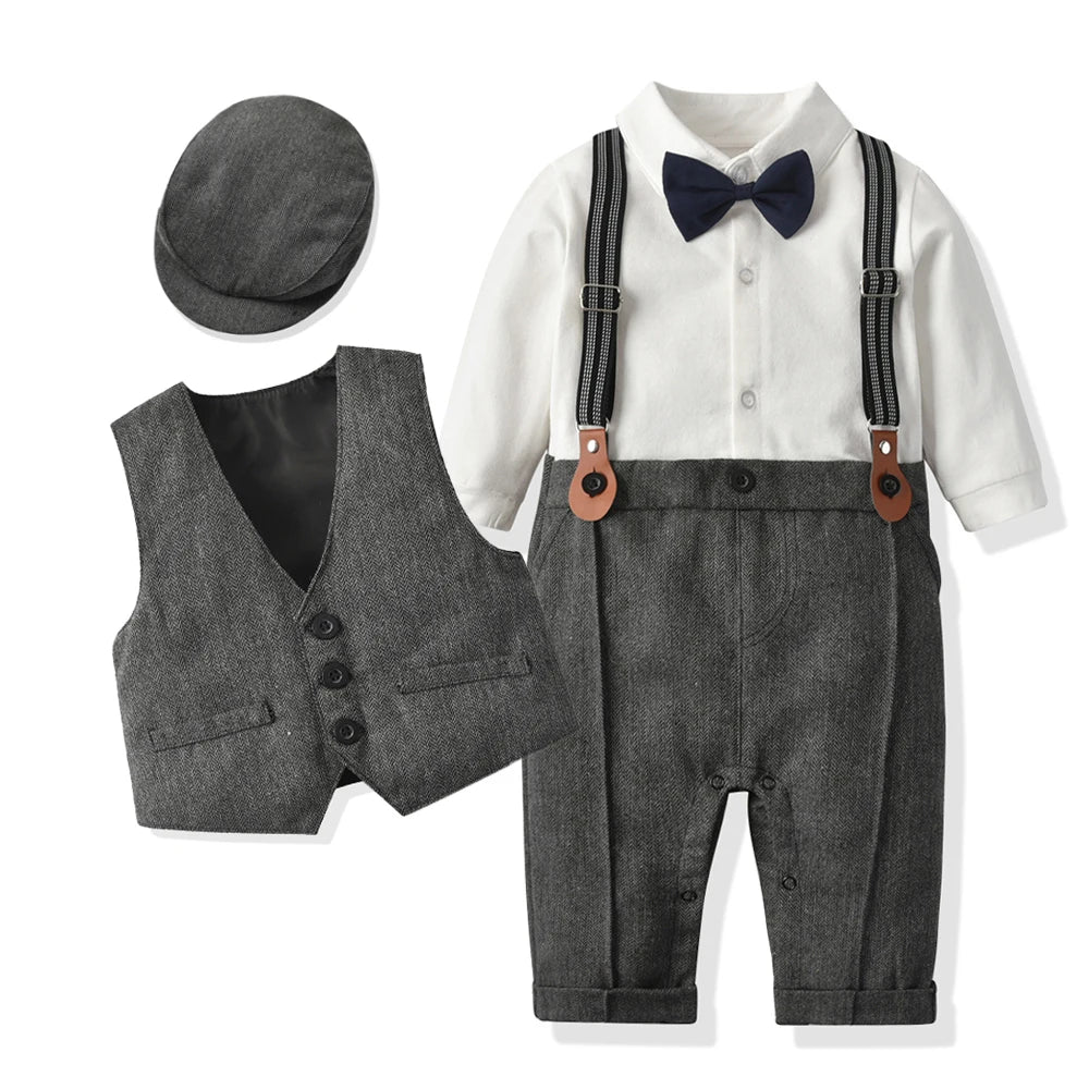 Newborn Boy Formal Outfit Set – Romper, Vest, Hat, and Bow Tie