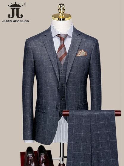 Luxury Boutique Plaid Casual Business Suit - High-End Brand Blazer, Vest, Pants Set, 3 Pcs and 2 Pcs Options, Groom Wedding Party Dress Jacket
