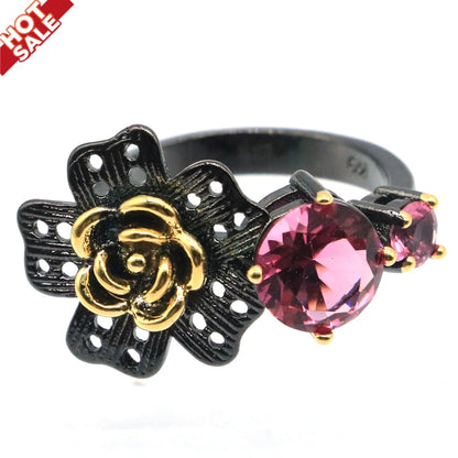 Buy 2 Get 1 Free - Neo-Gothic Silver Rings with Pink Tourmaline and Kunzite, 26x15mm, Cool Black Metal Design for Sister