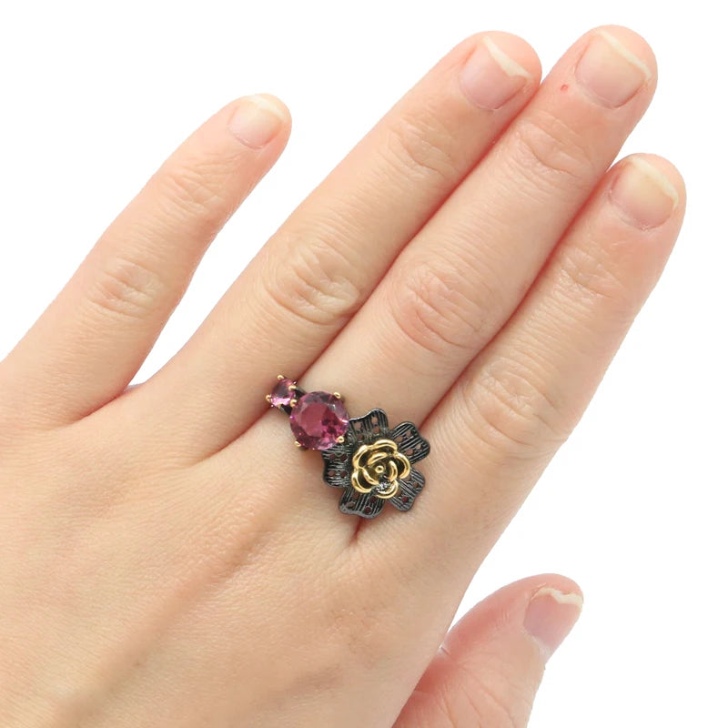 Buy 2 Get 1 Free - Neo-Gothic Silver Rings with Pink Tourmaline and Kunzite, 26x15mm, Cool Black Metal Design for Sister