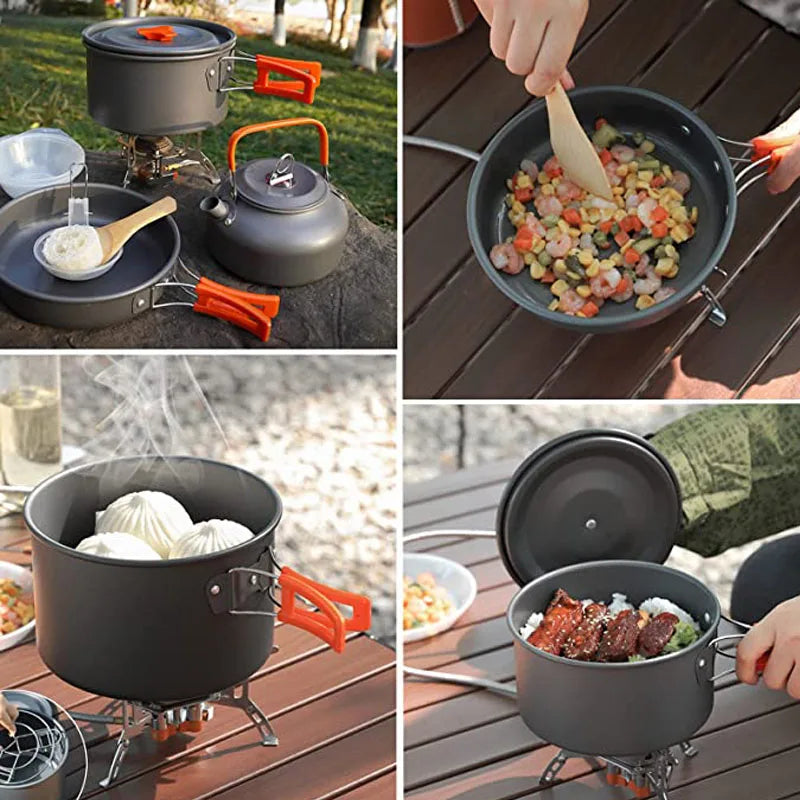 Camping Cookware Set - Aluminum Portable Outdoor Cooking Kit with Pan, Bowl, Kettle, and Pot for Hiking, BBQ, and Picnic