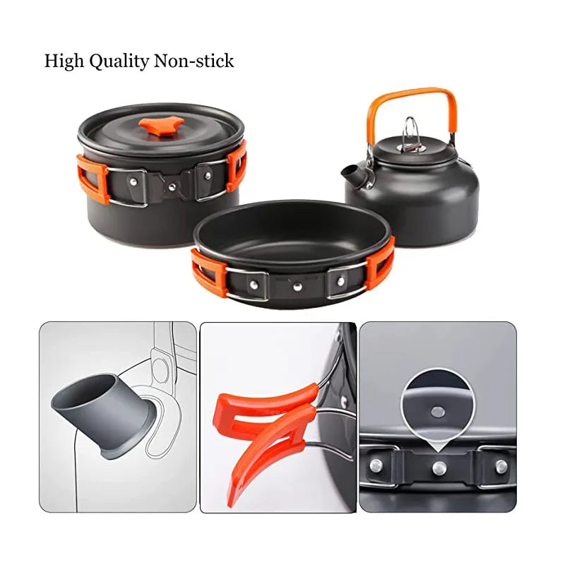 Camping Cookware Set - Aluminum Portable Outdoor Cooking Kit with Pan, Bowl, Kettle, and Pot for Hiking, BBQ, and Picnic