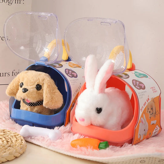 Children’s Pretend Play Pet Care Set with Simulated Electric Plush Dog, Cat, and Rabbit - Walking, Barking Educational Toys for Girls