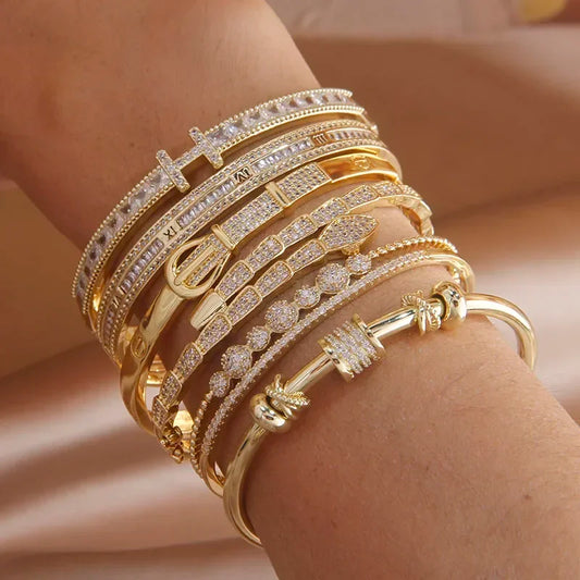 Classic Luxury Shiny Zircon Letter Charm Bracelet - Cubic Zirconia, Gold-Plated Cuff Bracelet for Women, Ideal for Weddings and Parties