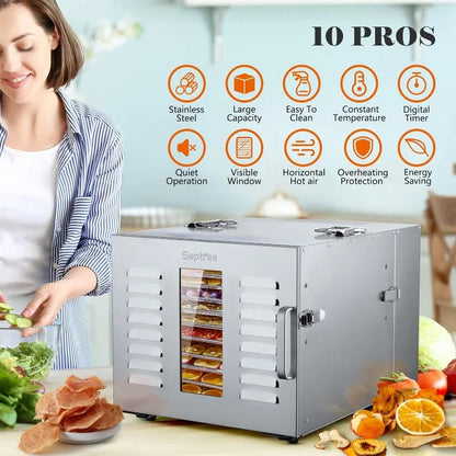 Commercial Large 10-Tray Food Dehydrator - 1000W, Full Stainless Steel Dryer Machine with Up to 17ft² Usable Area