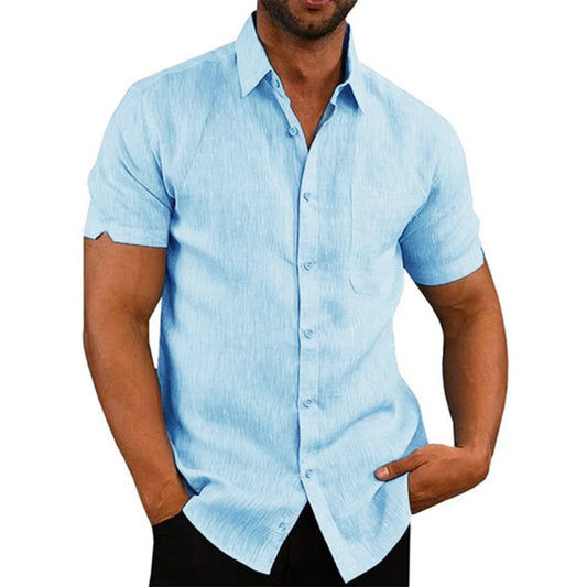 King Billion Cotton Linen Men's Short-Sleeved Shirts - Summer Solid Color Casual Beach Style, Plus Size with Turn-Down Collar