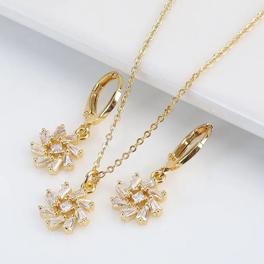 Crystal Clear White Zircon Simple Fine Leaf Flower Plant Pendant Necklace and Earrings Jewelry Set, New Mini Bridal Gift