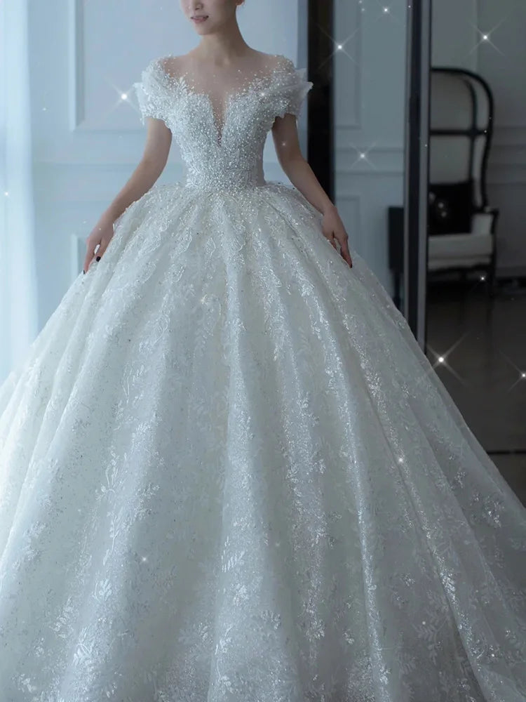 D120 2024 Princess Luxury Crystal Beaded Wedding Dress - Sexy Puff Tulle White Gown for Brides
