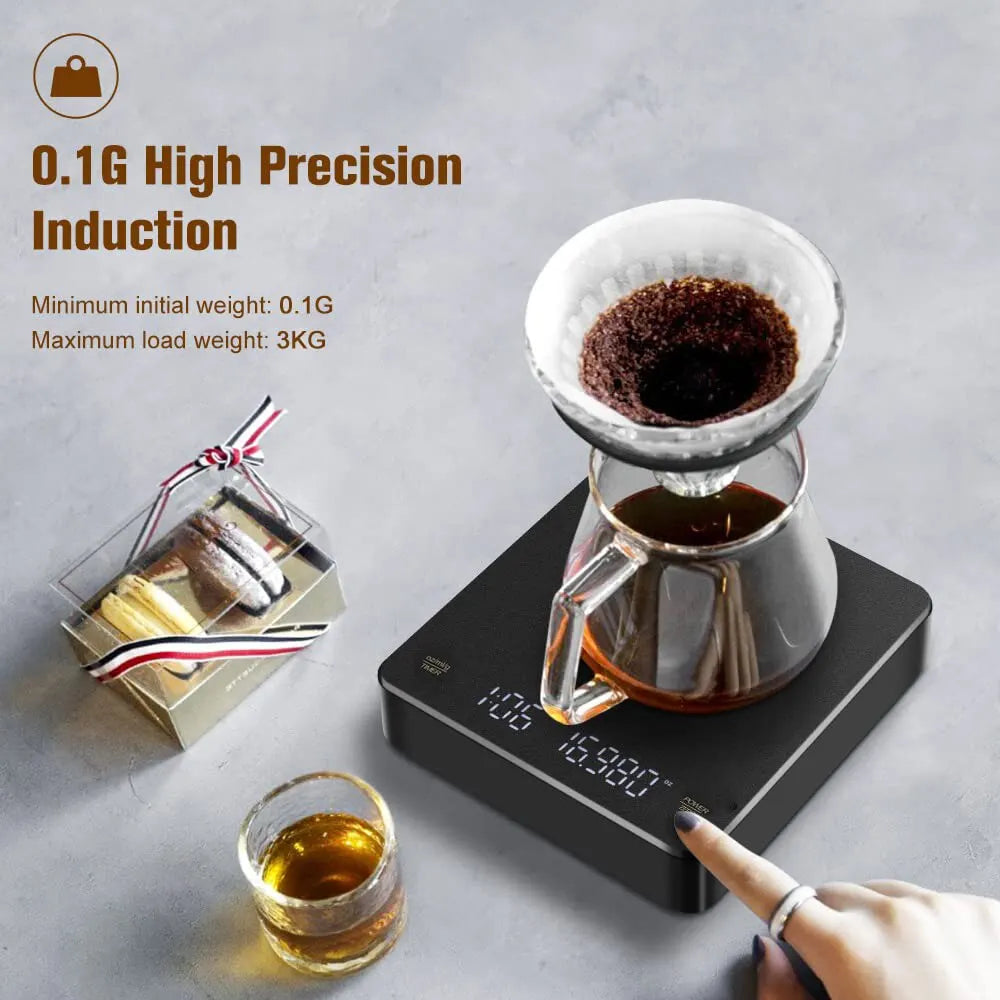 Digital Coffee Scale with Timer - LED Screen, USB, 3kg Max Weighing, 0.1g High Precision, Measures in Oz/ml/g