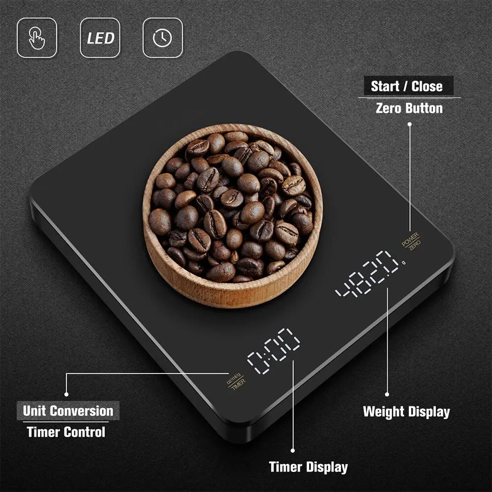 Digital Coffee Scale with Timer - LED Screen, USB, 3kg Max Weighing, 0.1g High Precision, Measures in Oz/ml/g