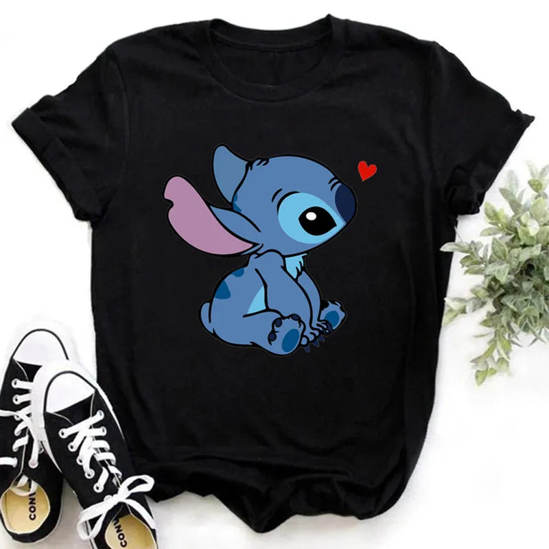 Disney Lilo & Stitch Women's Summer T-Shirts, Ohana Black Tops S-3XL