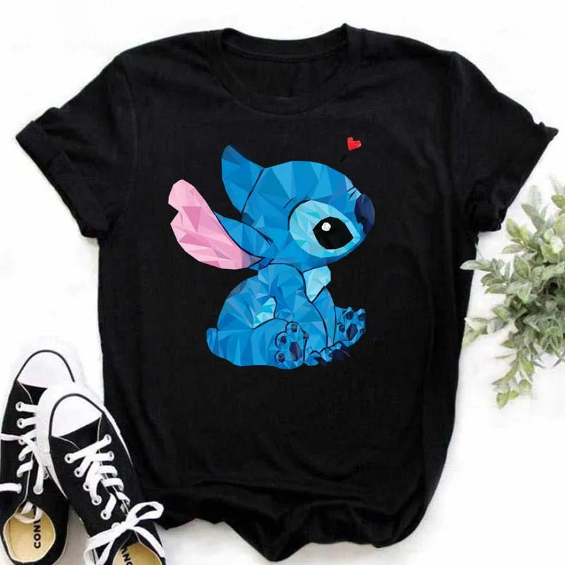 Disney Lilo & Stitch Women's Summer T-Shirts, Ohana Black Tops S-3XL