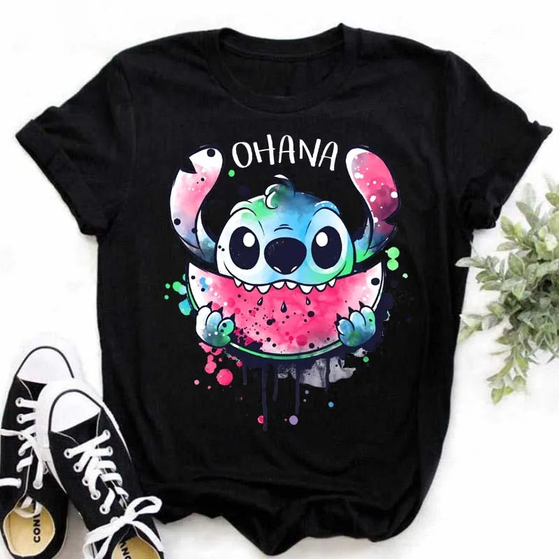 Disney Lilo & Stitch Women's Summer T-Shirts, Ohana Black Tops S-3XL