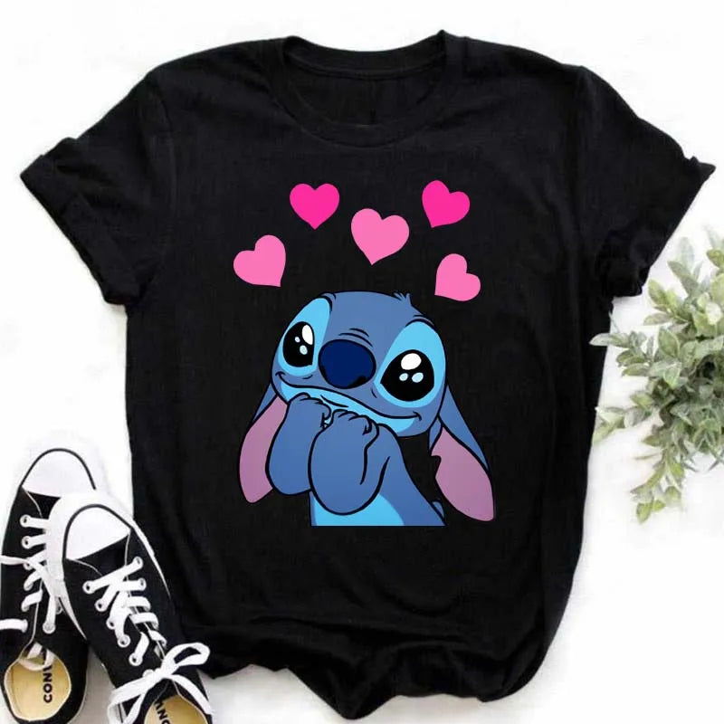 Disney Lilo & Stitch Women's Summer T-Shirts, Ohana Black Tops S-3XL