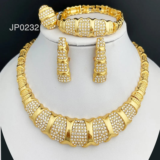 Dubai Jewelry Set for Women - 18K Gold Plated Luxury Necklace, Earrings, Bracelet, and Ring Set with Bamboo Knots Design for Wedding Party