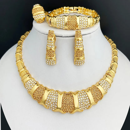 Dubai Jewelry Set for Women - 18K Gold Plated Luxury Necklace, Earrings, Bracelet, and Ring Set with Bamboo Knots Design for Wedding Party