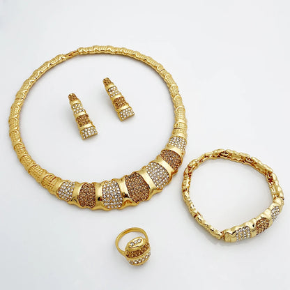 Dubai Jewelry Set for Women - 18K Gold Plated Luxury Necklace, Earrings, Bracelet, and Ring Set with Bamboo Knots Design for Wedding Party