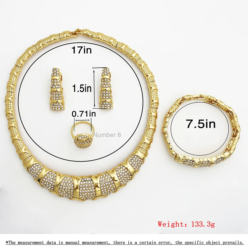 Dubai Jewelry Set for Women - 18K Gold Plated Luxury Necklace, Earrings, Bracelet, and Ring Set with Bamboo Knots Design for Wedding Party