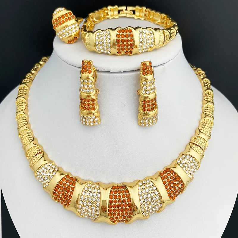 Dubai Jewelry Set for Women - 18K Gold Plated Luxury Necklace, Earrings, Bracelet, and Ring Set with Bamboo Knots Design for Wedding Party