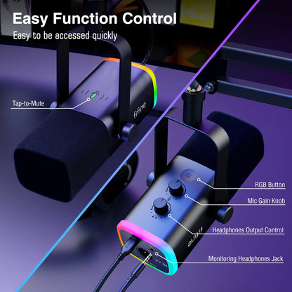 FIFINE AM8T XLR/USB Gaming Microphone Kit - Includes Headphone Jack, Mute Button, RGB Lighting, Arm Stand, Dynamic Mic Set for PC, PS5/4, Mixer