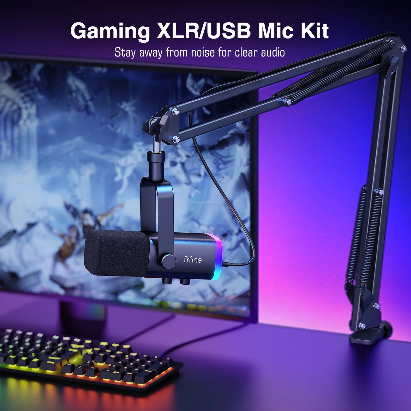 FIFINE AM8T XLR/USB Gaming Microphone Kit - Includes Headphone Jack, Mute Button, RGB Lighting, Arm Stand, Dynamic Mic Set for PC, PS5/4, Mixer