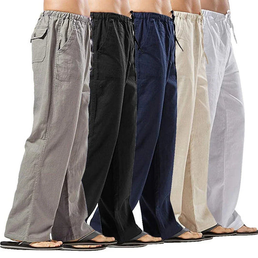 Fashion Men's Linen Pants - Casual Trousers with Multiple Pockets, Breathable Cotton Linen, Solid Color, Drawstring Closure