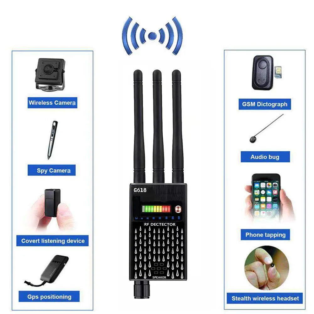 G618 Professional Wireless RF Signal Detector - Anti-Spy Bug and Eavesdropping Device Finder, Pinhole Audio and GSM Scanner Gadget