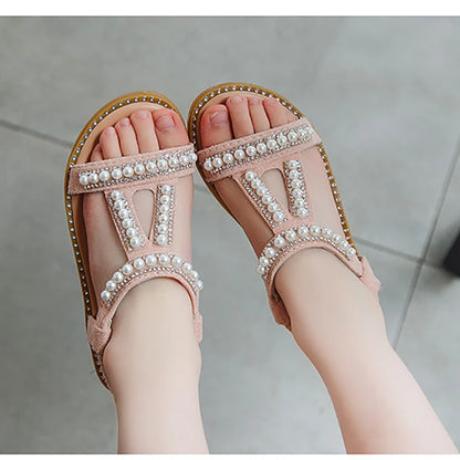 Girls' Summer 2024 Roman Sandals - Elegant Pearl and Rhinestone Princess Shoes