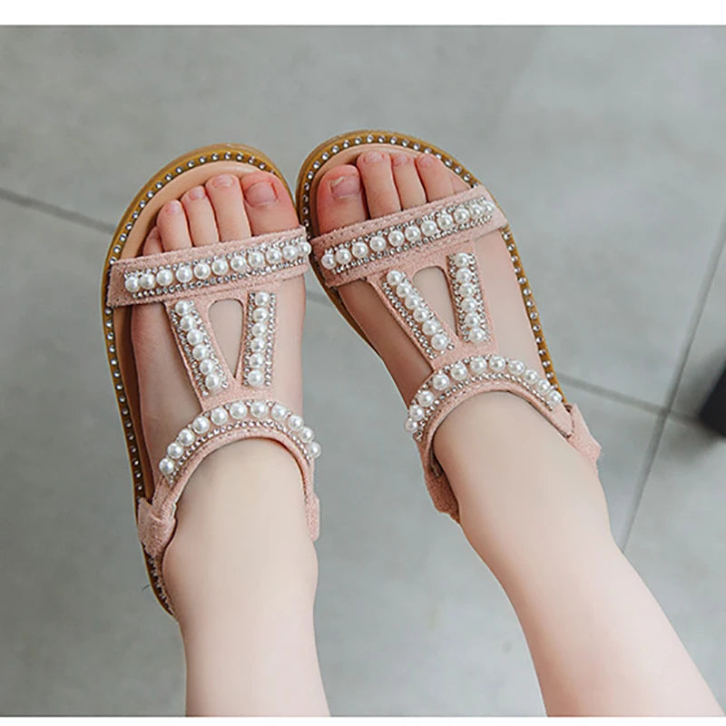 Girls' Elegant Summer Sandals - Pearl and Rhinestone Embellished Roman Shoes for Kids