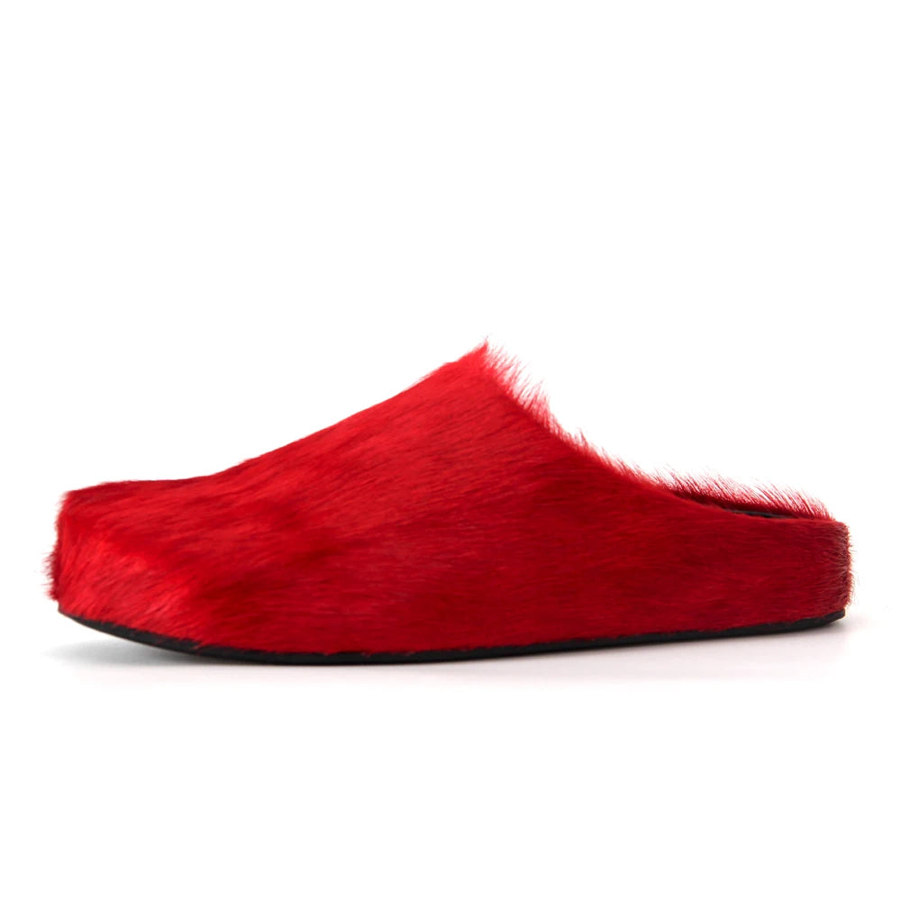 Italy Real Leather Fur Slippers for Women -  Designer Mule Flats with Thick Sole, Luxury Horsehair Shoes