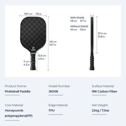 JIKEGO 18K Carbon Fiber Pickleball Paddle - 16mm Professional Racket for Men, Women, and Children