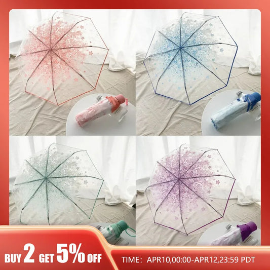 Korean Mini Umbrella - Cute Folding Tri-fold Design, Cherry Blossom Transparent, Simple Sen Series Japanese Style
