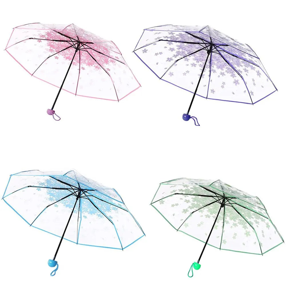 Korean Mini Umbrella - Cute Folding Tri-fold Design, Cherry Blossom Transparent, Simple Sen Series Japanese Style