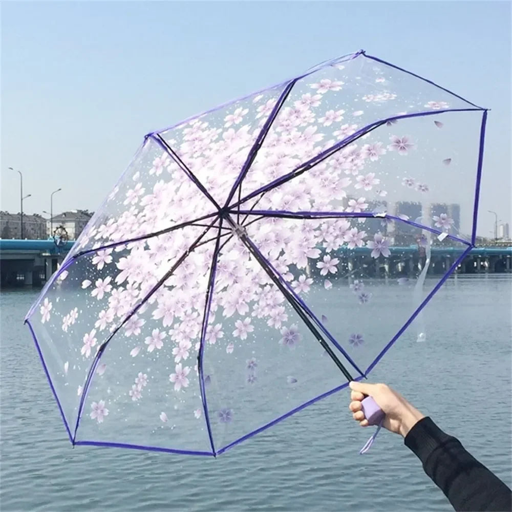 Korean Mini Umbrella - Cute Folding Tri-fold Design, Cherry Blossom Transparent, Simple Sen Series Japanese Style