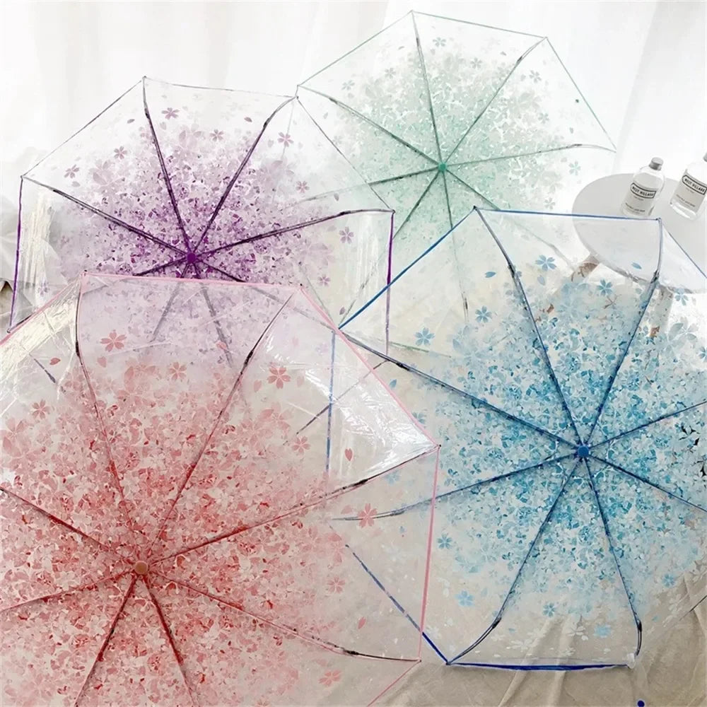 Korean Mini Umbrella - Cute Folding Tri-fold Design, Cherry Blossom Transparent, Simple Sen Series Japanese Style