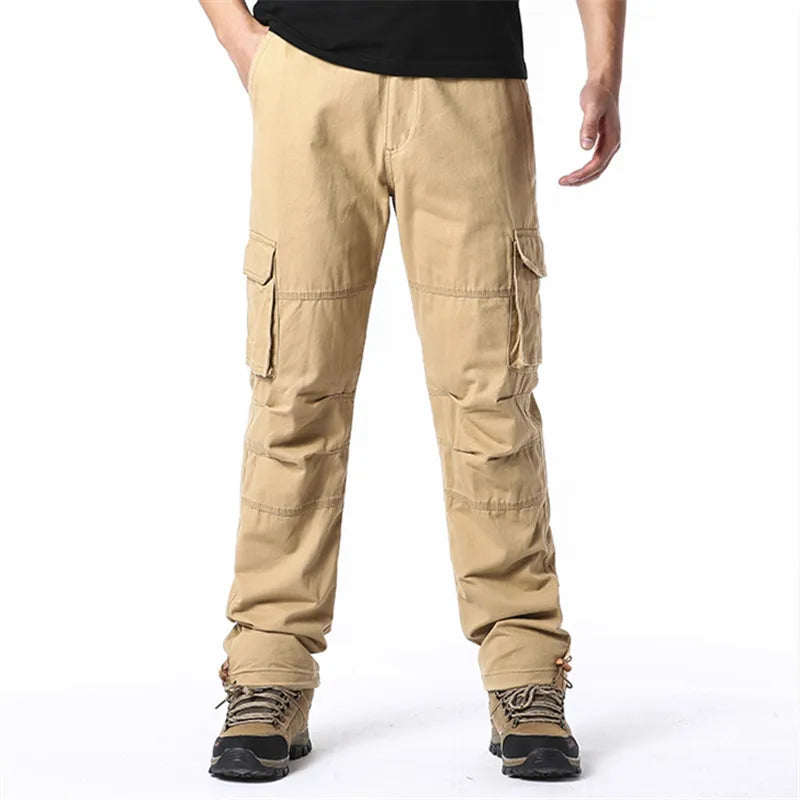 Large Pocket Loose Overalls - Men's Outdoor Sports Jogging Tactical Cargo Pants, Elastic Waist, Pure Cotton, Safari Style