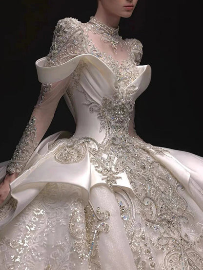 2024 Luxury Long-Sleeved Wedding Dress - Satin Handmade Embroidery Beading, Retro Princess Ball Gown Vestido De Novia