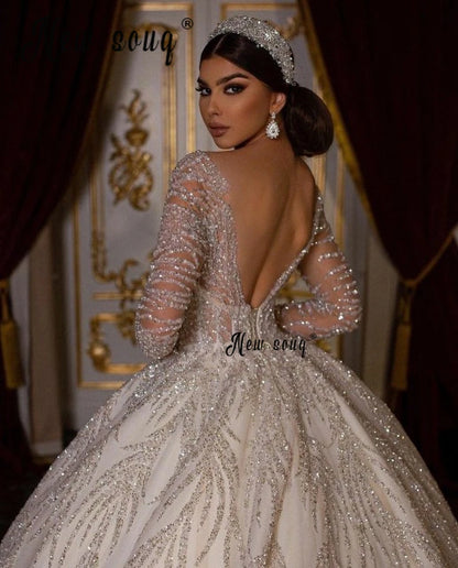 Luxury 2024 Backless Beaded Wedding Dress - Sheer Neck Ball Gown Bridal Gowns with Long Sleeves, Vestido De Novia