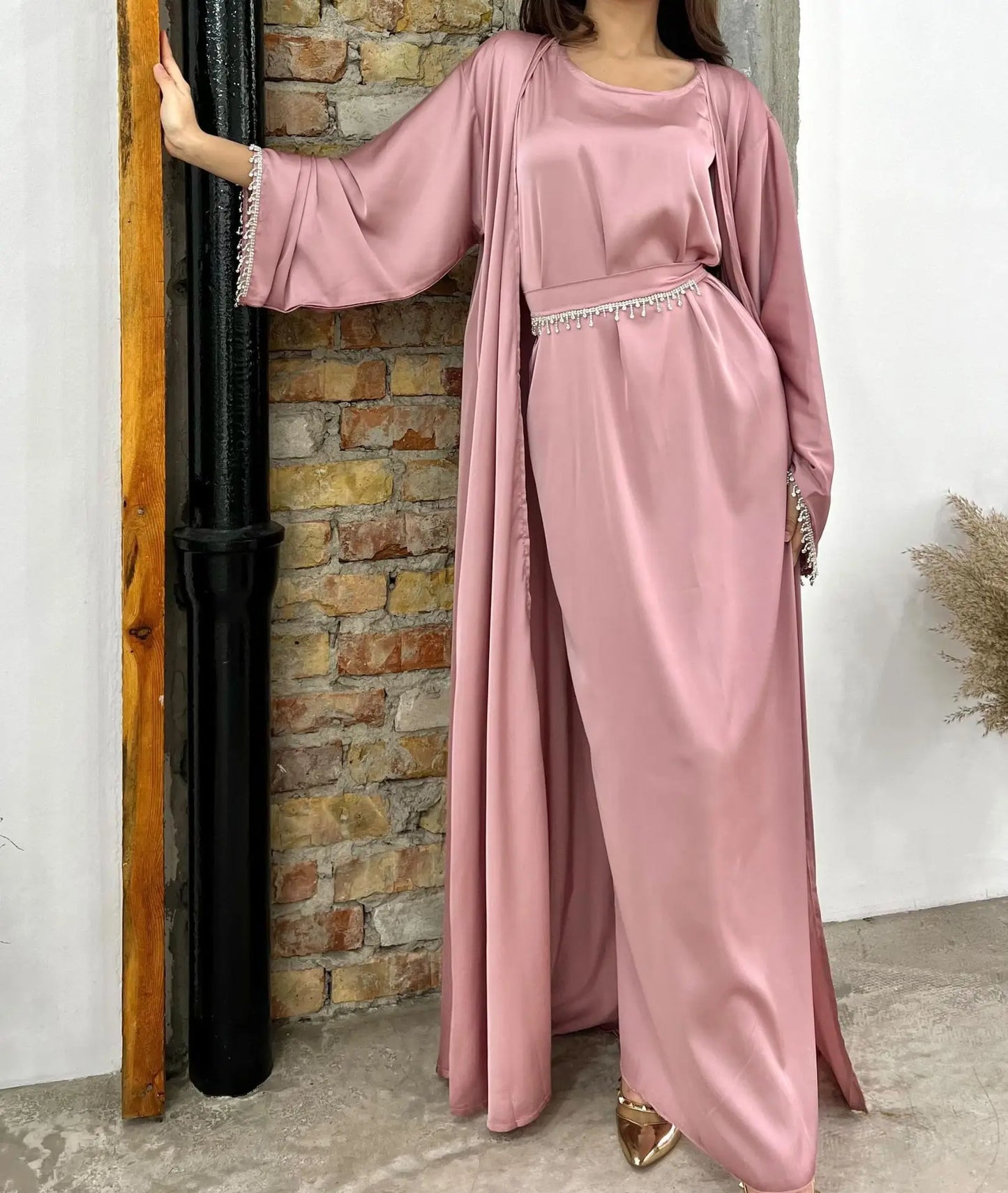 Luxury Abayas Set for Women Two Piece Without Inner Dresses Dubai Robe with Hijab Beading Belt Moroccan Kaftan Muslim Ramadan