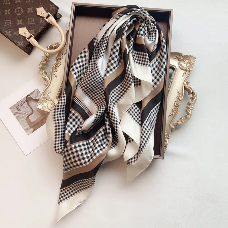 2024 Luxury Brand Silk Satin Scarves for Women - 70x70cm Square Shawls with Elegant Prints, Hijab Scarf, Female Bandana