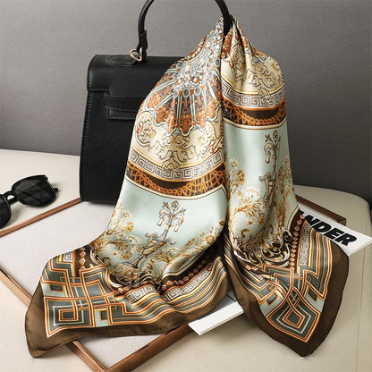 Luxury Brand Square Silk Scarf for Women - Designer Printed Satin Shawls, Versatile Neckerchief, and Hairband Bandana