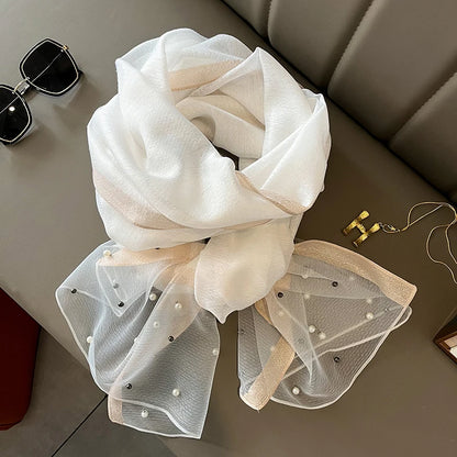 Luxury Brand Women's Scarf - Thin Summer Beach Shawl with Pearls, Fashionable Muslim Hijab Headscarf