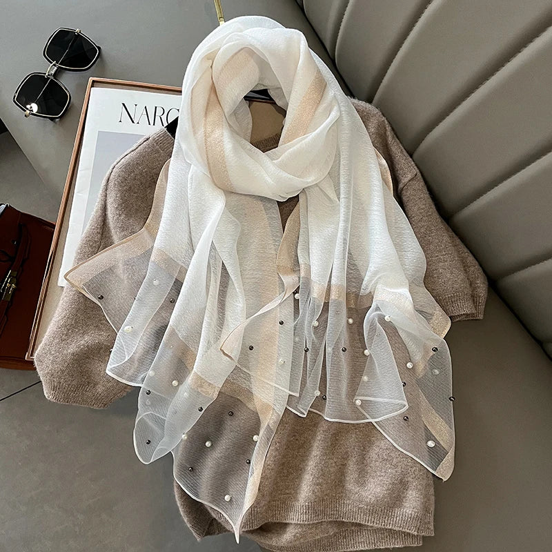 Luxury Brand Women's Scarf - Thin Summer Beach Shawl with Pearls, Fashionable Muslim Hijab Headscarf