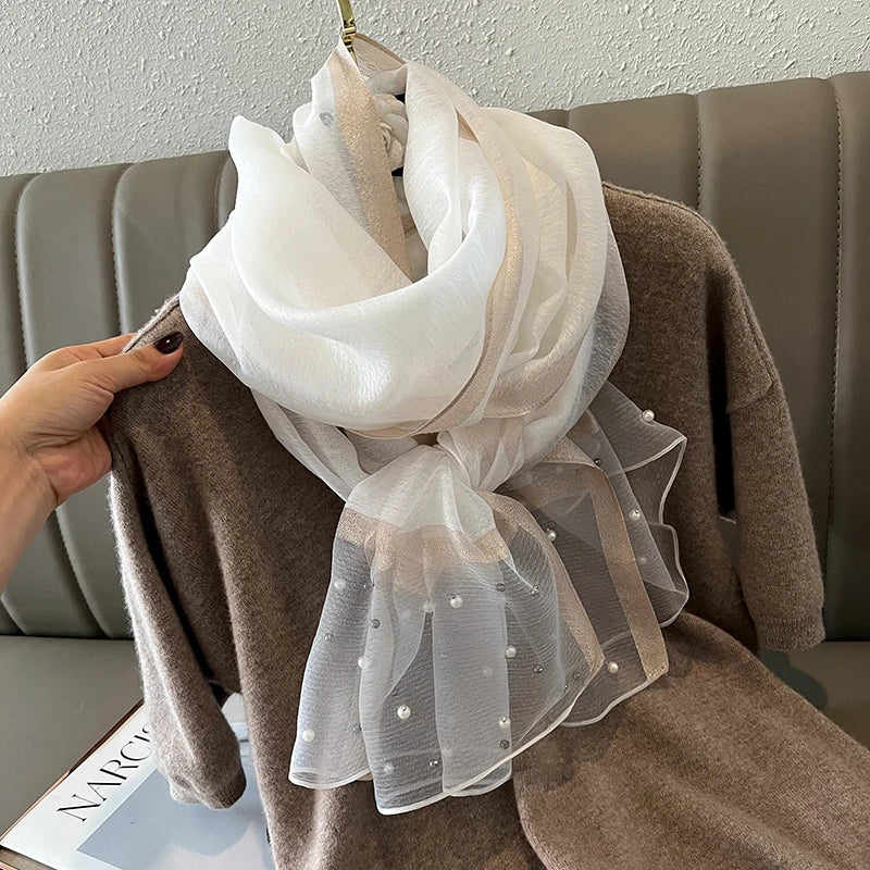 Luxury Brand Women's Scarf - Thin Summer Beach Shawl with Pearls, Fashionable Muslim Hijab Headscarf