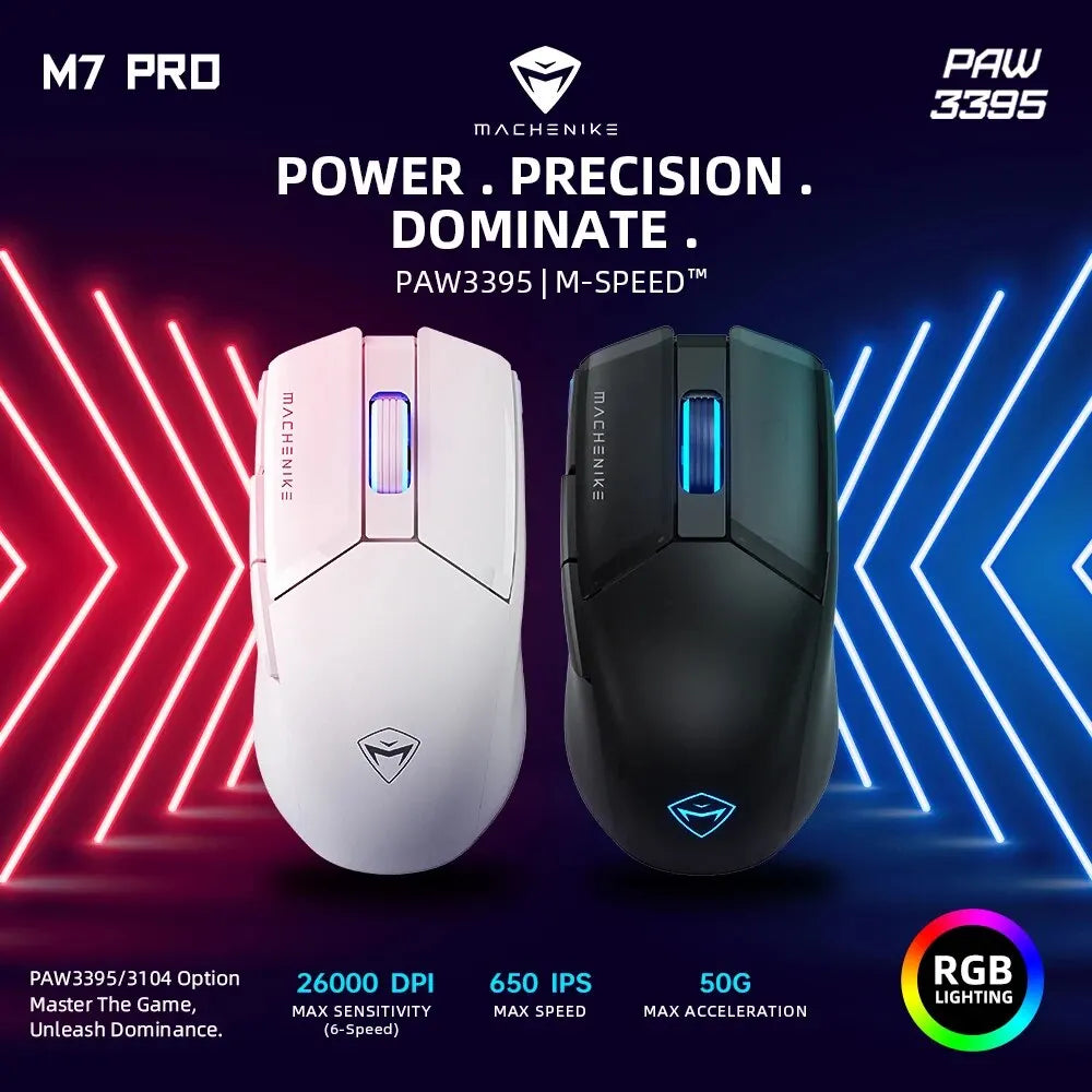 Machenike M7 Pro Gaming Mouse - USB Wired and 2.4GHz Wireless, PAW3395 Sensor, 26000 DPI, 650 IPS, 7 Buttons, 74g, RGB Lighting, for PC and Laptop