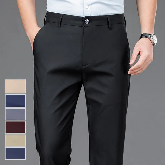 Men's Stretch Solid Black Smart Casual Trousers - Quick Dry Office Suit Pants, New Spring Autumn Straight Pants