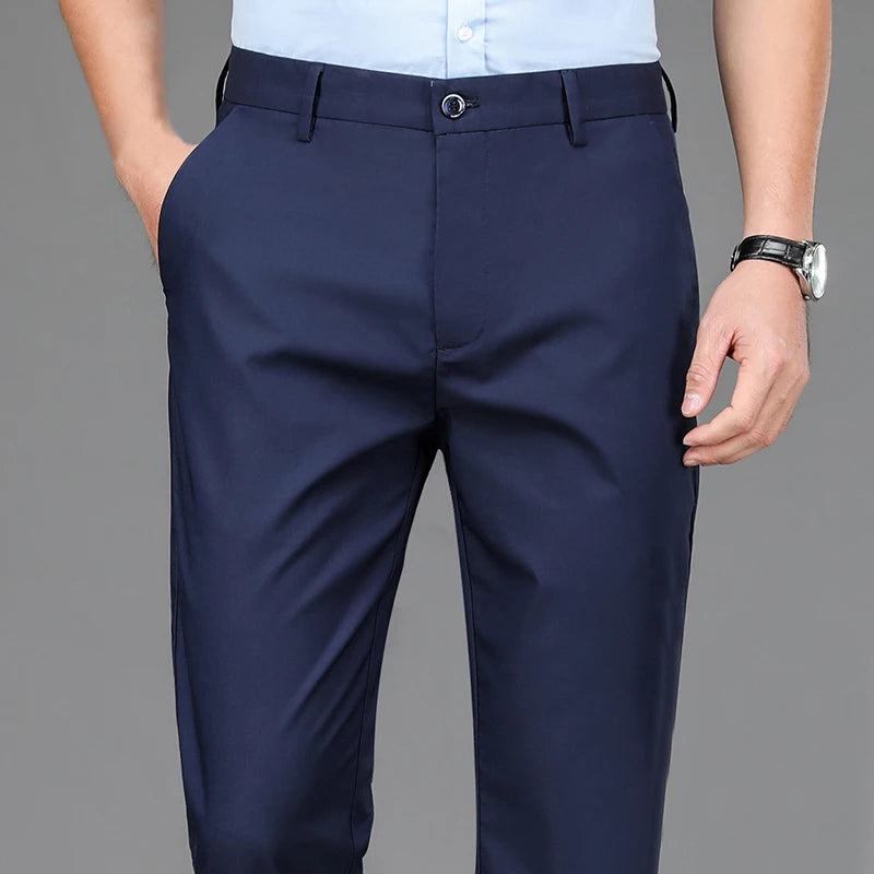 Men's Stretch Solid Black Smart Casual Trousers - Quick Dry Office Suit Pants, New Spring Autumn Straight Pants