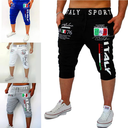 Men's Athletic Capri Shorts - Sweat Shorts with Drawstring, Printed Letter Design, Knee-Length Sports and Streetwear